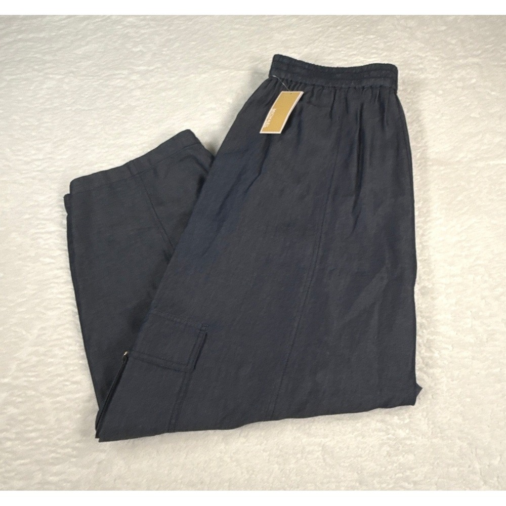 Michael Kors Womens Cargo Pants 1X Blue Chambray Wide Leg Pull On NWT